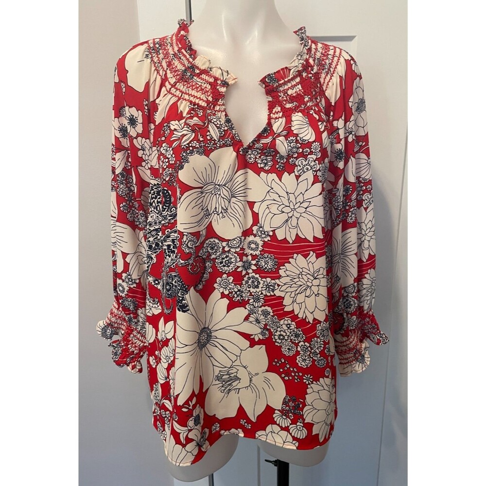 TALBOTS Womens TOP 3/4 Sleeve RED WhiteBlue FLORAL Size L
